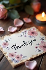 Naklejka premium Elegant Floral Thank You Card with Pink Roses in Candlelit Romantic Decor - Perfect for Wedding Appreciation and Home Decor