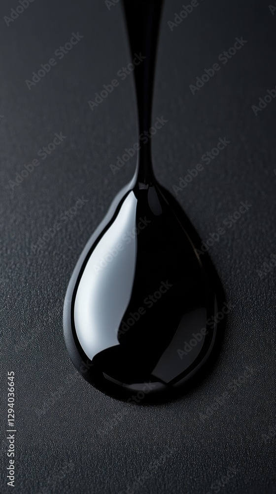 Poster viscous black liquid drop on dark surface showing reflection and texture in a studio shot with high 