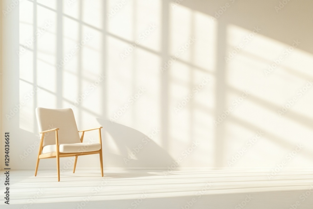 Poster serene empty room with single therapy chair soft ambient light filtering in through large creating t
