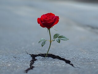 A red rose is growing out of the cracks