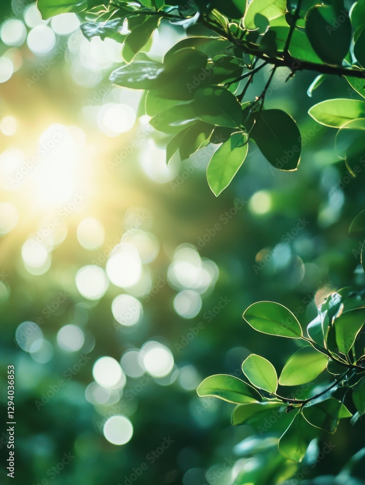Poster sunlight filtering through lush green leaves creating a serene and natural atmosphere in a forest se