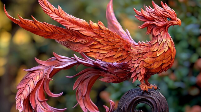 Stunning Phoenix Sculpture in Vibrant Orange and Red Colors with Detailed Feather Patterns and Majestic Posture