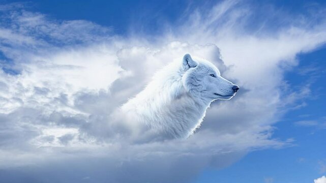 The head of a stern polar wolf appears from a white volumetric cloud in a clear blue sky
