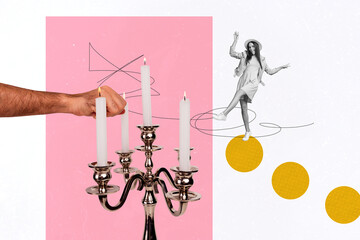 Composite art 3d creative image collage of happy glamour girl dance victorian style candlestick...