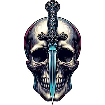 Detailed illustration of a skull with a stylized dagger piercing it, vibrant colors and intricate design.