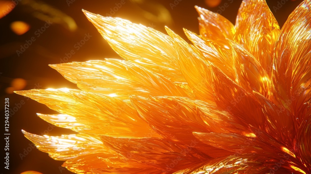 Poster brilliant golden petal-like structure radiating light with intricate textures and vivid colors in a 