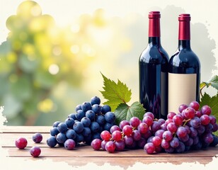 Two Bottles of Red Wine with Grapes on Wooden Table