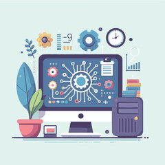computer, technology, digital, business, communication, laptop, tech, device, design, pc, work, internet, office, web, desktop, monitor, employee, information, modern, data, electronic, vector, backgr