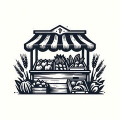 Vintage woodcut style illustration of a fruit and vegetable market stall with a canopy, crates of produce, and wheat stalks.