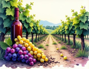 Naklejka premium Wine Bottle and Grapes in Vineyard Scenic Summer Harvest