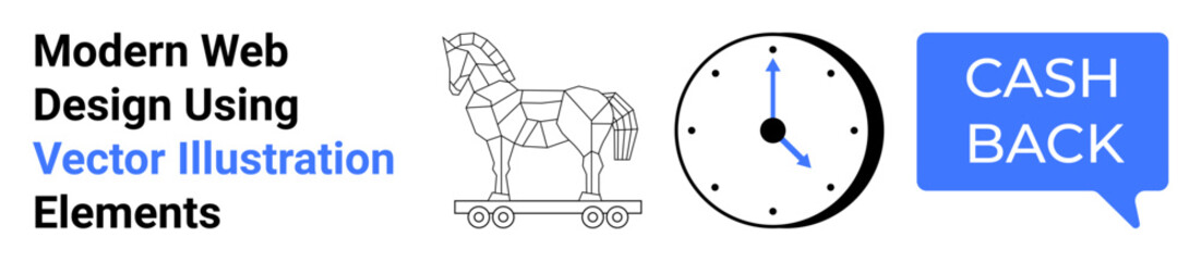 Geometric Trojan horse on wheels, simple analog clock showing 1010, cashback speech bubble. Ideal for online security, time management, marketing, eCommerce, savings, digital innovation flat landing