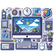 computer, technology, digital, business, communication, laptop, tech, device, design, pc, work, internet, office, web, desktop, monitor, employee, information, modern, data, electronic, vector, backgr