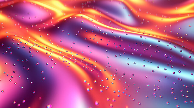 Abstrakte Textur aus samtiger Stoffoberfl&auml;che mit holografischen Farbreflexen und Glitzerpartikeln. Weicher Stoff schimmert in Pink, Lila und Gold