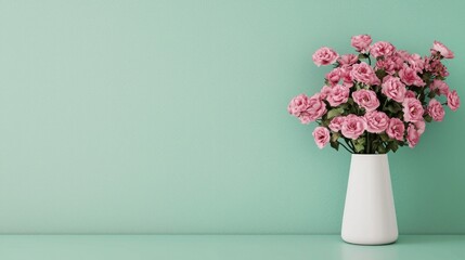 Fototapeta premium Elegant pink roses in a white vase modern interior floral photography minimalist design soft tones breathtaking serenity