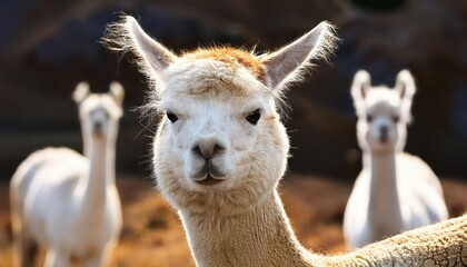 Obraz premium Staring Alpaca Among a Herd in Highland Scene Creamy White Beauty Captured Amidst Authentic Andean Atmosphere with Rustic Background