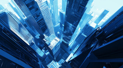 Isometric skyscrapers in blue tones with modern architecture style and windows. City buildings with office look, isometric 3D cityscape vector illustration.