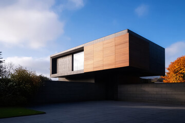 Modern architectural design featuring a cantilevered building with a sleek look in daylight