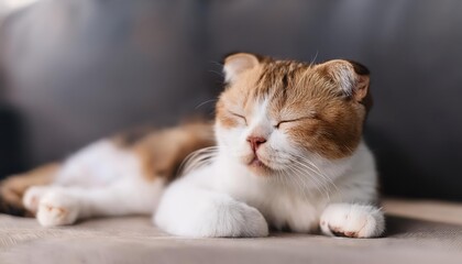 Adorable White and Brown Scottish Fold Cat Napping with Elegant Mustache in Cozy Interior, Expressing Playful and Sportive Mood, Capturing Cuteness at its Best
