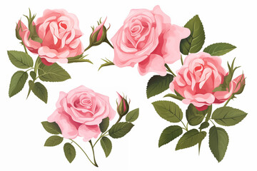 Naklejka premium Set of beautiful pink roses with green leaves generative ai