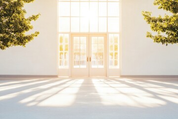 Fototapeta premium sunny image of modern school building with wide-open doors surrounded by greenery creating welcoming and fresh atmosphere