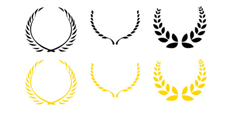 Obraz premium Set black and gold laurel wreath round frame icon vector silhouette fit for awards, winner, trophy, branches, foliate or leaves circle badge, and etc.