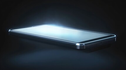 Levitating smartphone at a dramatic angle, glowing blank display, futuristic digital concept.