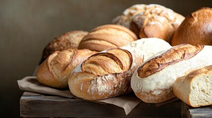 variety of freshly baked bread and pastries arranged artistically on rustic wooden table with ample natural light casting