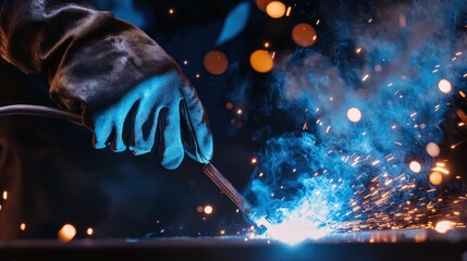 Close-Up of Welder at Work with Sparks Flying and Electric Arc