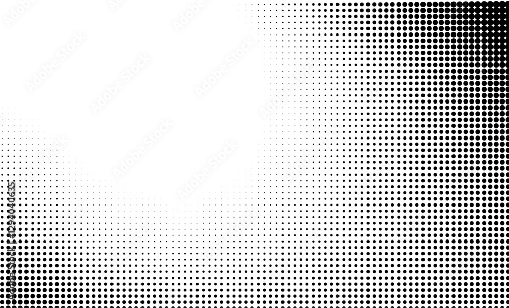 Poster gradient halftone background with scattered black dots forming an optical gradient on a white backgr