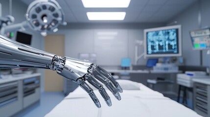 Futuristic surgeons operating robots in advanced medical facility high-tech environment cutting-edge concept