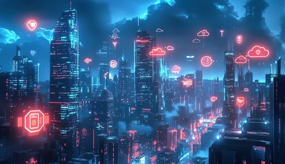 Fototapeta premium Digital Cityscape with Cloud Icons and Network Lines, Representing Smart Urban Tech