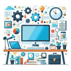 computer, technology, digital, business, communication, laptop, tech, device, design, pc, work, internet, office, web, desktop, monitor, employee, information, modern, data, electronic, vector, backgr