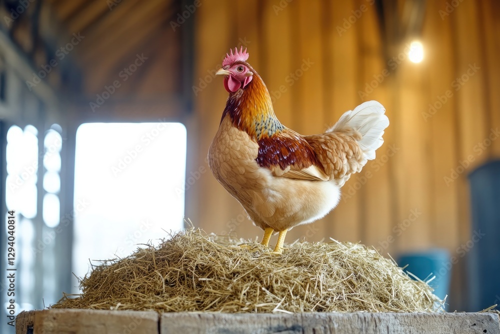 Aufkleber warm and inviting composition of hen perched on nest of hay in rustic barn with soft background ligh