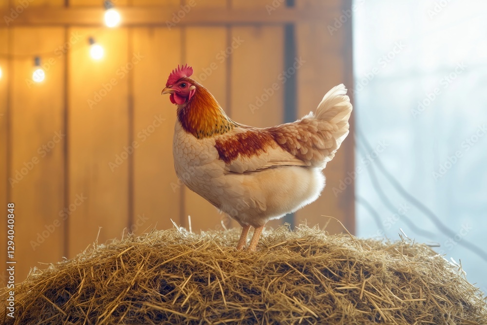 Aufkleber warm and inviting composition of hen perched on nest of hay in rustic barn with soft background ligh