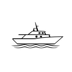 Modern-style Yacht illustration with black outline, sailing on wavy water in a minimalist white background.