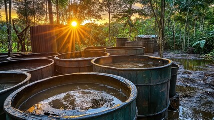 Fototapeta premium Sunlight Over Water Storage Barrels in Lush Green Jungle Setting
