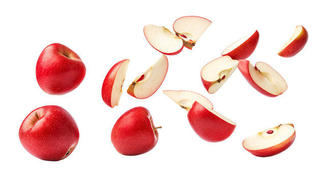 Flying or falling fresh sliced & fully ripe red apples on transparent PNG or white background.