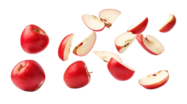 Flying or falling fresh sliced & fully ripe red apples on transparent PNG or white background.