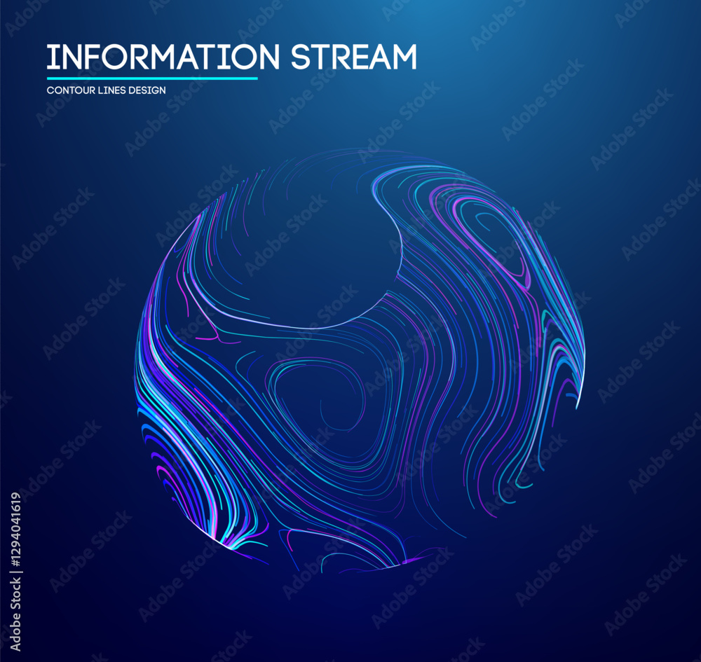 Poster abstract glowing sphere with dynamic neon contour lines representing an information stream vector te