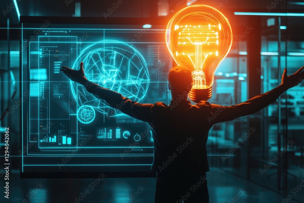 Poster a person illuminated by a glowing lightbulb interacts with a futuristic digital interface, symbolizi