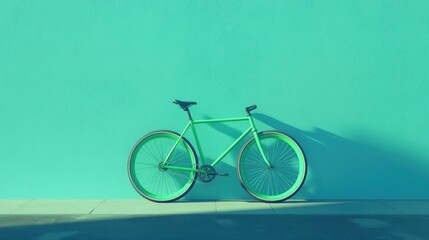 Fototapeta premium Fixie bike with bright green wheels resting on a smooth light blue wall, trendy design