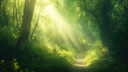 Obraz premium Sunlight Streaming Through Lush Green Forest Pathway in Nature