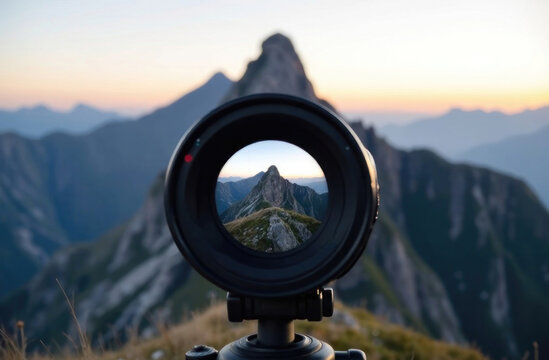 A photographer captures breathtaking mountain views at sunset, framing the landscape through a camera lens