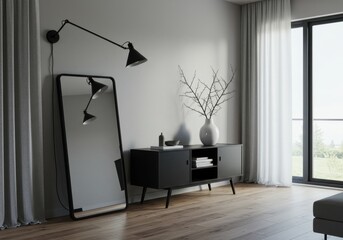 Minimalist interior with black-framed mirror, wall lamp, and dark cabinet