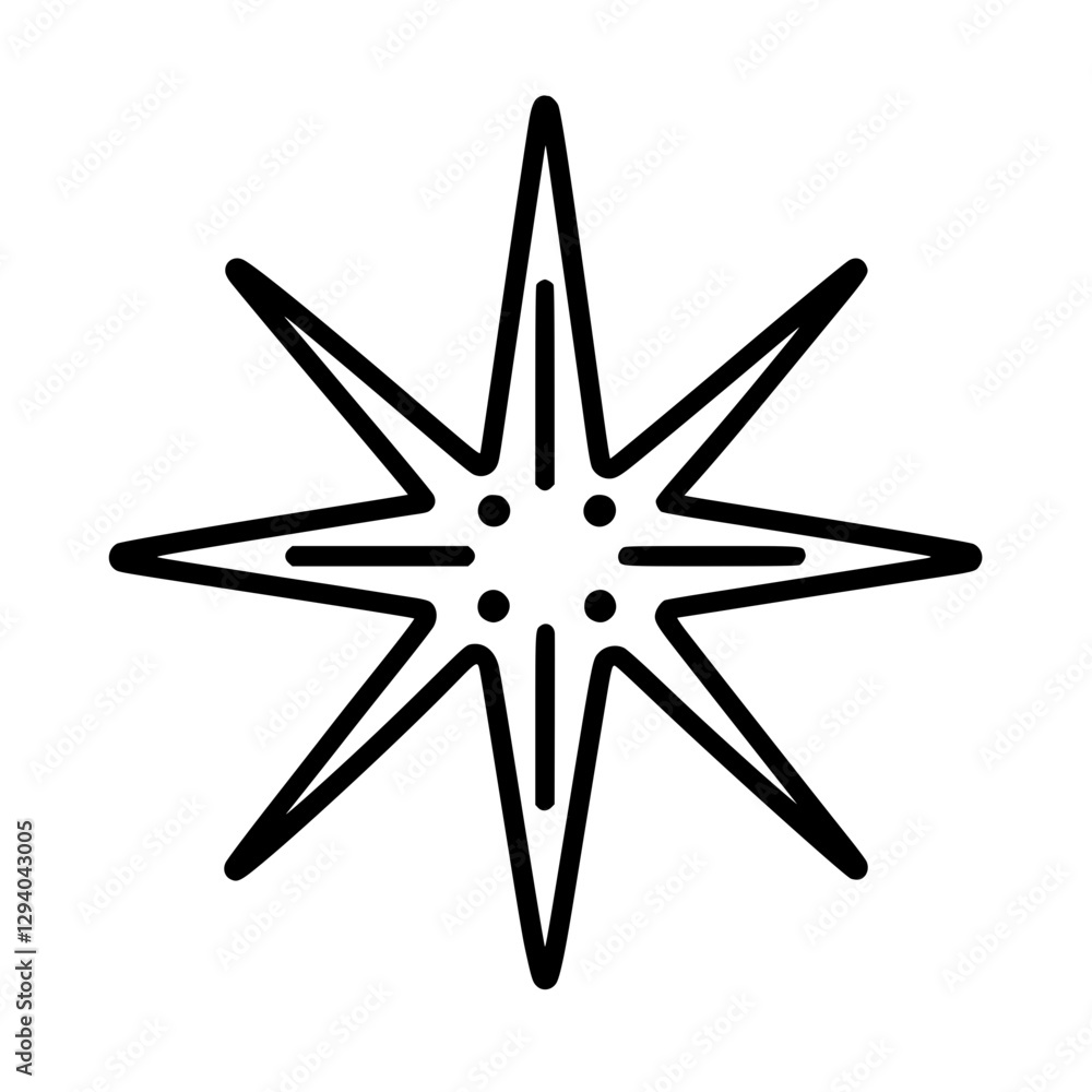 Poster eight-pointed star symbol with symmetrical lines and central dots