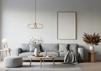 Modern minimalist living room with gray sofa, white ottoman, and pendant light
