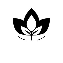 Monochrome Emblem: A stylized black and white illustration of a central lotus-like floral symbol and leaves.