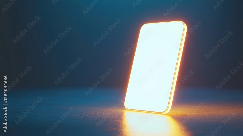 Poster minimal smartphone floating in mid-air, glowing edge, blank screen template for ui showcase.