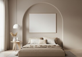 Minimalist Bedroom with Arched Wall Cutout and Beige Cushion