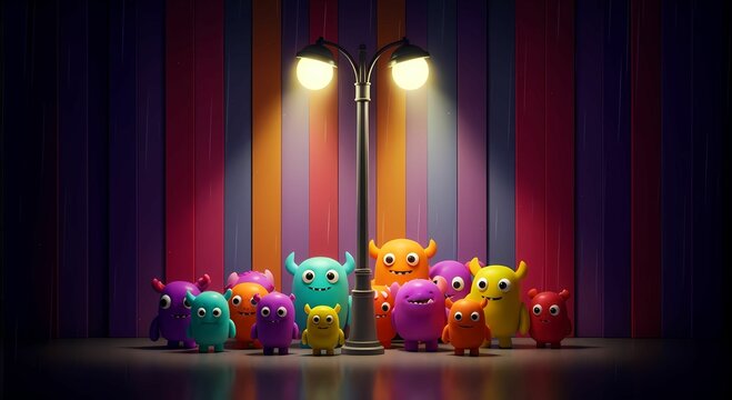 Grupo de coloridos y adorables monstruos esperan atentos bajo la luz de una farola.